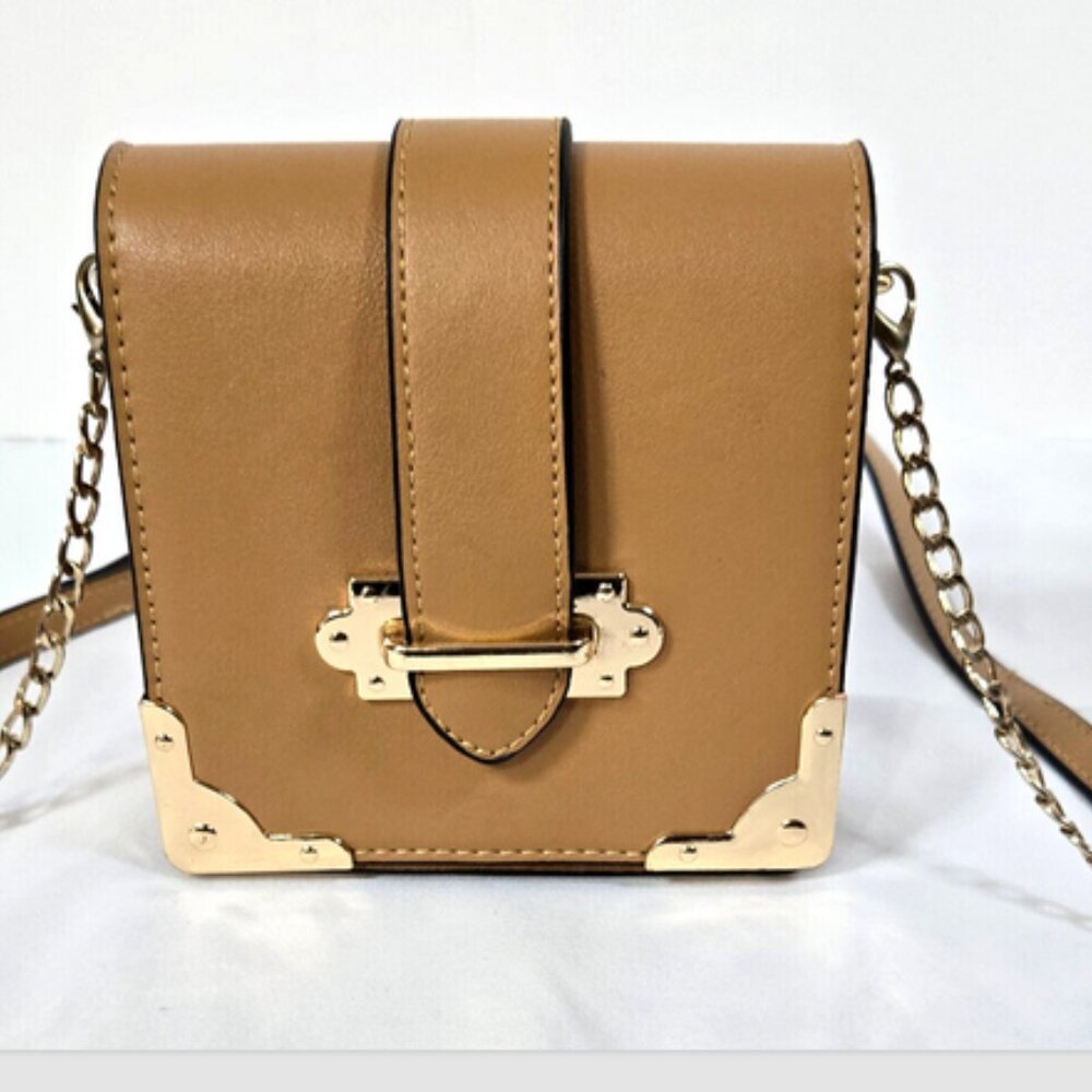 Olivia Miller Tan Mini Handbag  6x6x2.5 Drop up to 26" Gold trim & part chain